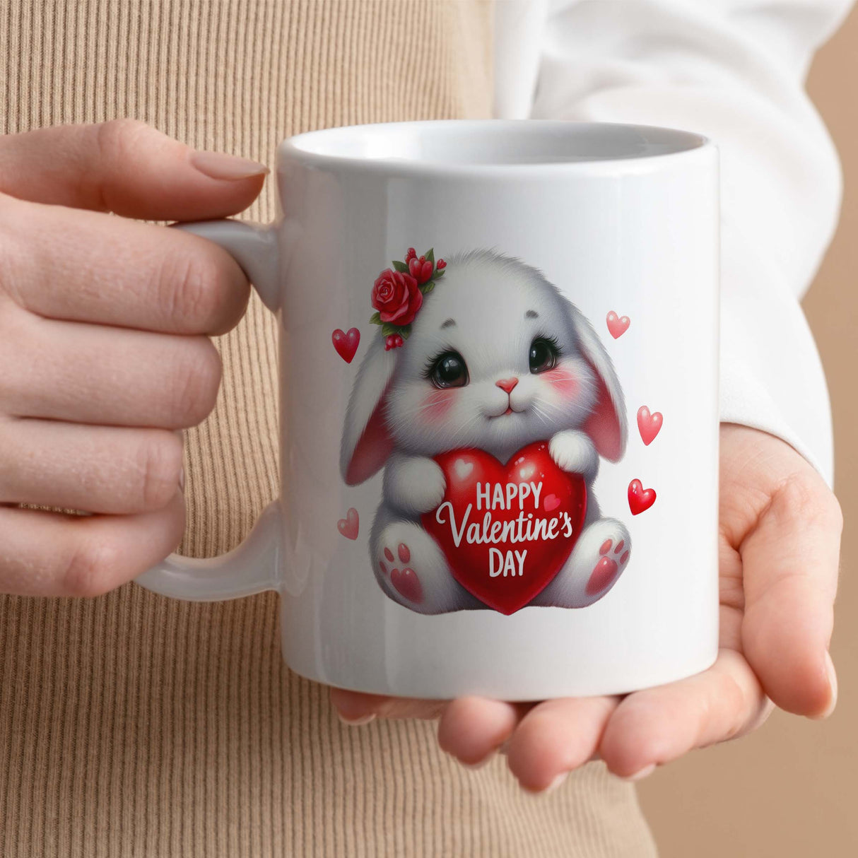 Valentine's Day Gift Mug, Cute Bunny Holding Heart Design, Gift for Her, 11oz Ceramic Mug