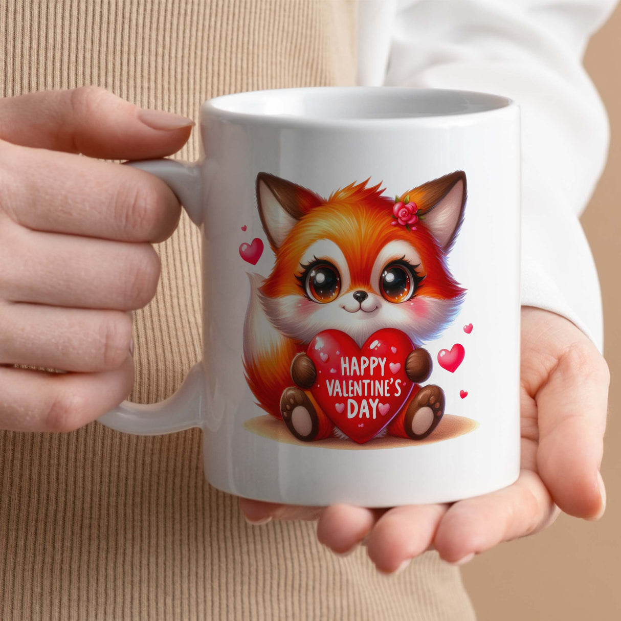 Valentine's Day Gift Mug | Cute Fox Holding Heart Valentine's Day Design | 11oz Ceramic Cup