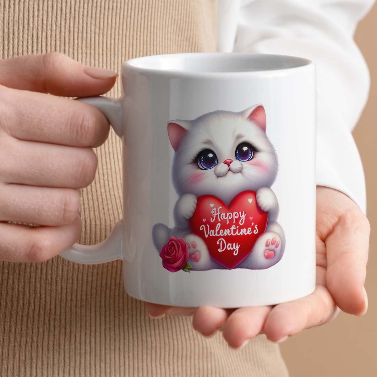 Valentine's Day Gift Mug | Cat Holding Heart Design | 11oz Ceramic Cup