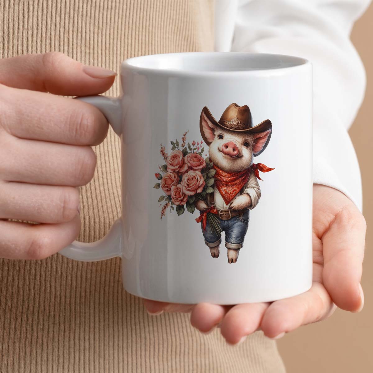 Cute Gift Mug For Pig Lover | Cowboy Western Themed Design | 11oz Ceramic Cup