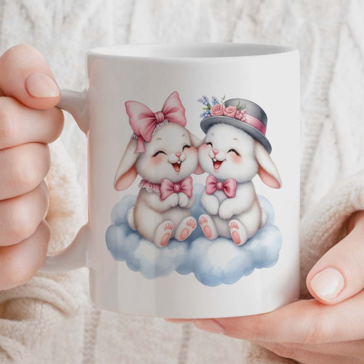 Ceramic Gift Mug 11oz, 5 Colour Option, Bunnies on Cloud Design, Valentine's Day Gift for Her