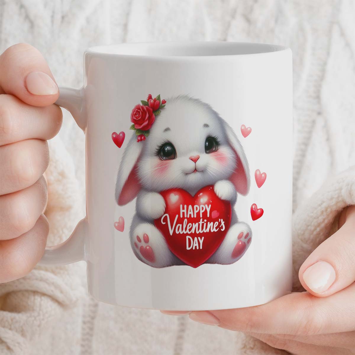 Valentine's Day Gift Mug, Cute Bunny Holding Heart Design, Gift for Her, 11oz Ceramic Mug