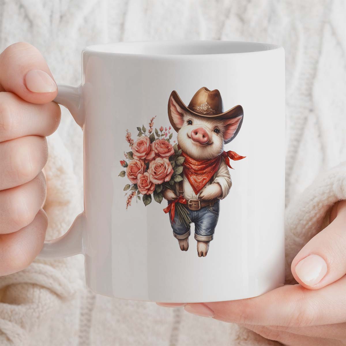 Cute Gift Mug For Pig Lover | Cowboy Western Themed Design | 11oz Ceramic Cup