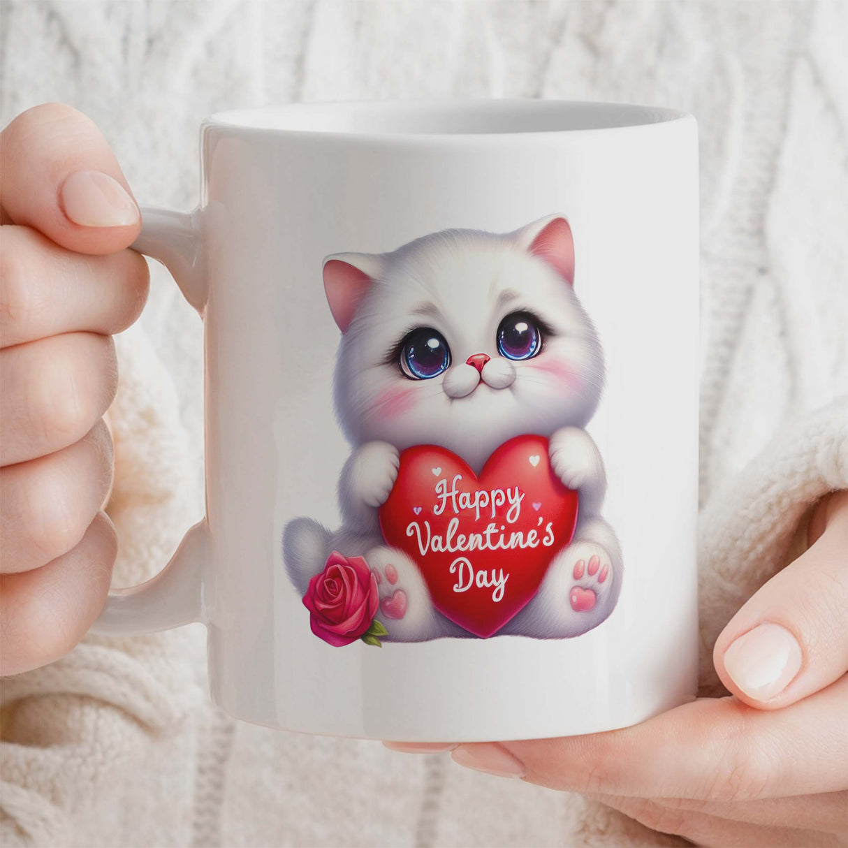 Valentine's Day Gift Mug | Cat Holding Heart Design | 11oz Ceramic Cup