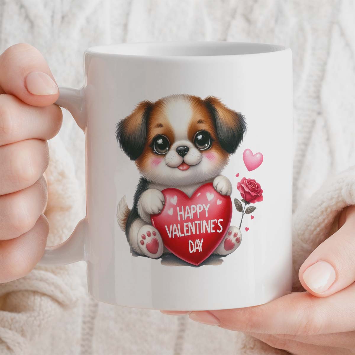 Valentine's Day Gift Mug | Cute Dog Holding Heart Valentine's Day Design | 11oz Ceramic Mug