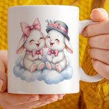 Ceramic Gift Mug 11oz, 5 Colour Option, Bunnies on Cloud Design, Valentine's Day Gift for Her