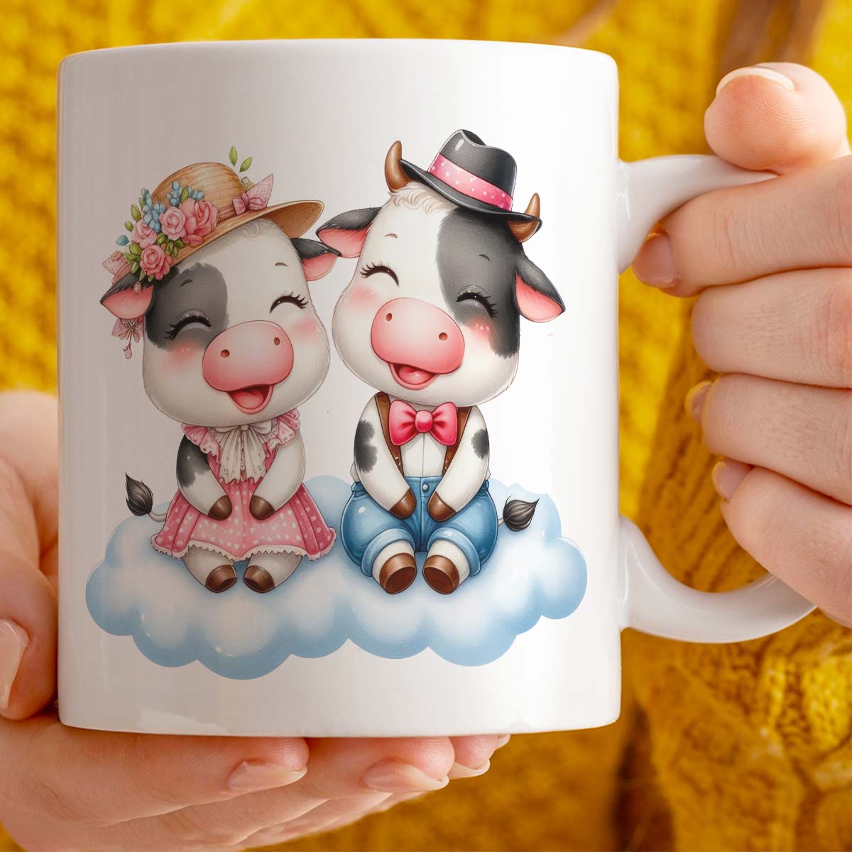 Gift Mug 11oz Ceramic | Cute Cows on Cloud Design | Romantic Valentine's Day Gift for Her