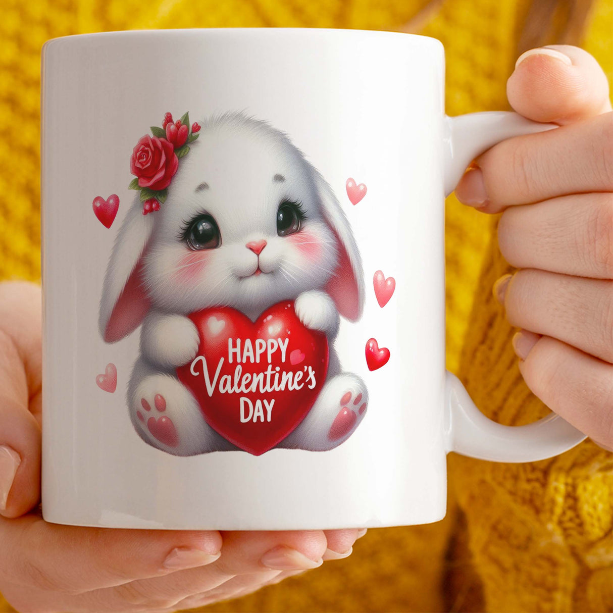 Valentine's Day Gift Mug, Cute Bunny Holding Heart Design, Gift for Her, 11oz Ceramic Mug