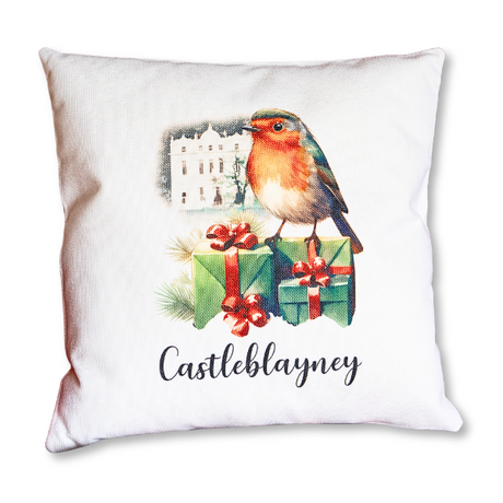 cushion collection, white linen cushion with robin bird and Castleblayney text