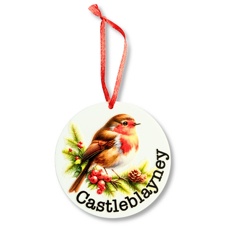 ornaments collection, personalised christmas ornaments robin bird and castleblayney sign