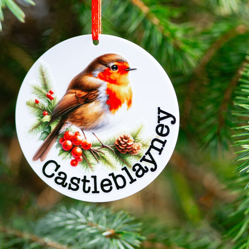 personalised christmas ornaments collection, robin bird on christmas ornament with castleblayney sign