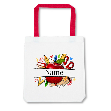 tote bags collection, white teacher's tote bag with red handle