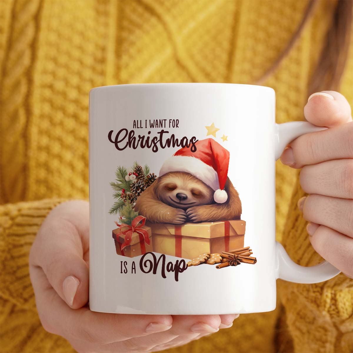 Sloth-Themed Christmas Mug | All I Want For Christmas Is a Nap | Ceramic 11oz Mug