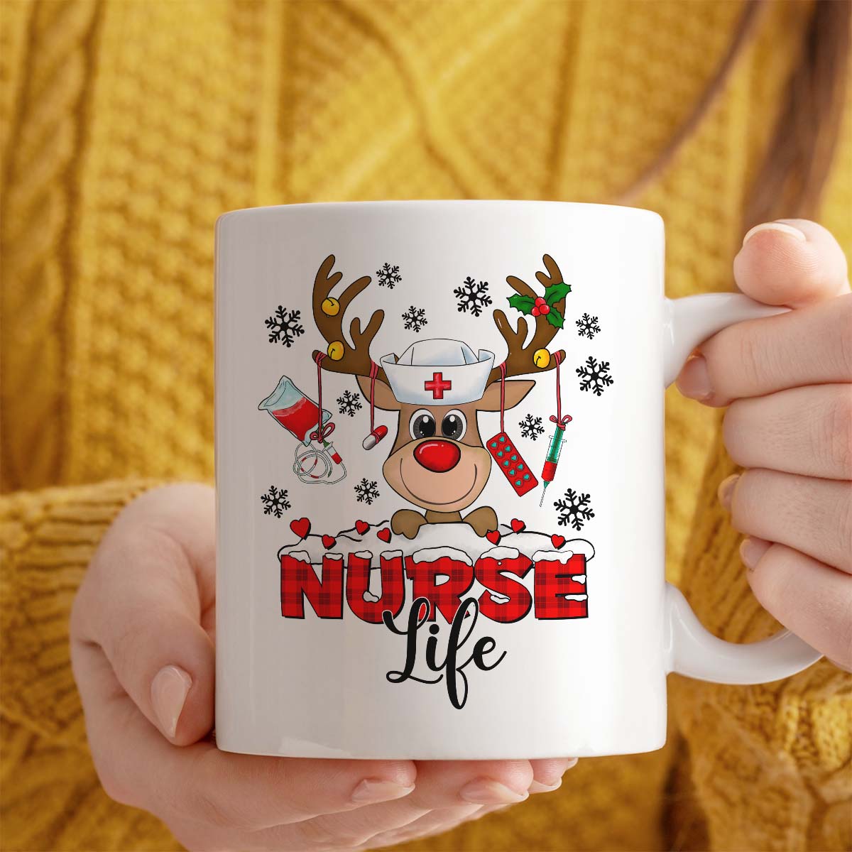 Christmas Mug | Cute Reindeer Nurse Life Design | 11oz Ceramic Mug