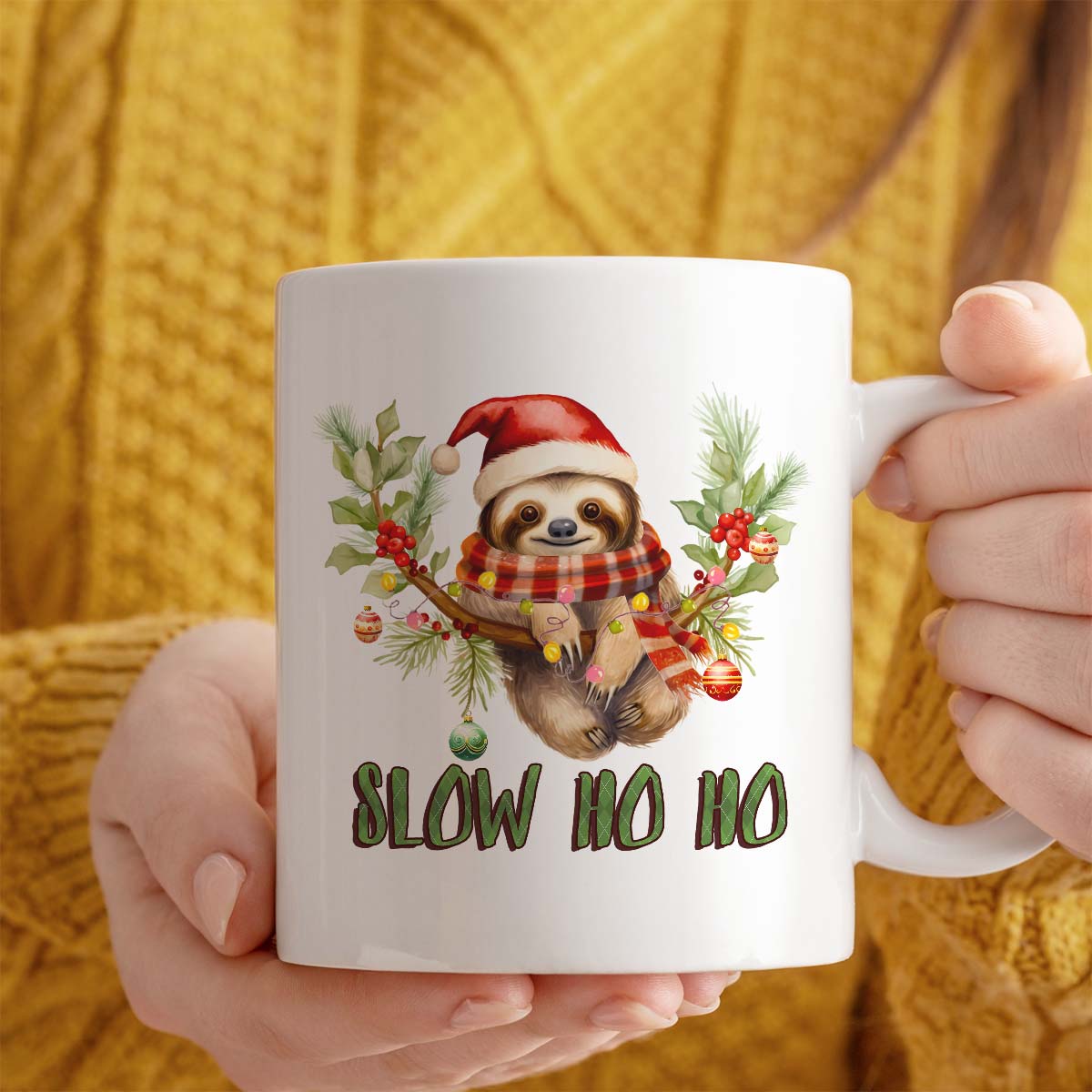 Christmas Gift Mug For Sloth Lover | Slow Ho Ho Design | 11oz Ceramic Mug