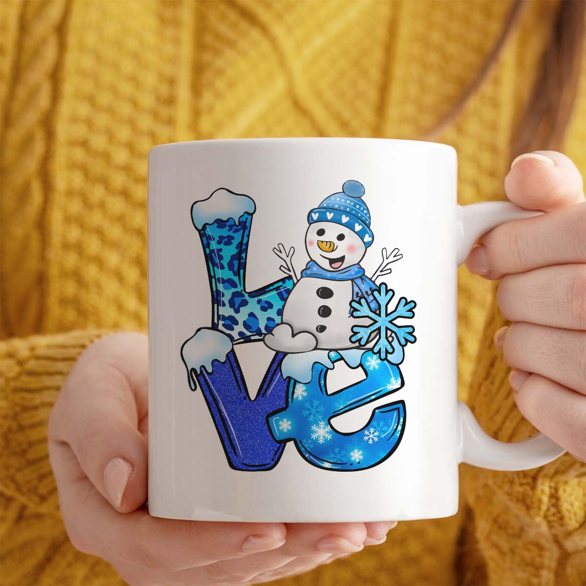 Adorable Christmas Mug Showcasing Cute Snowman Within LOVE Design | 11oz Ceramic Mug