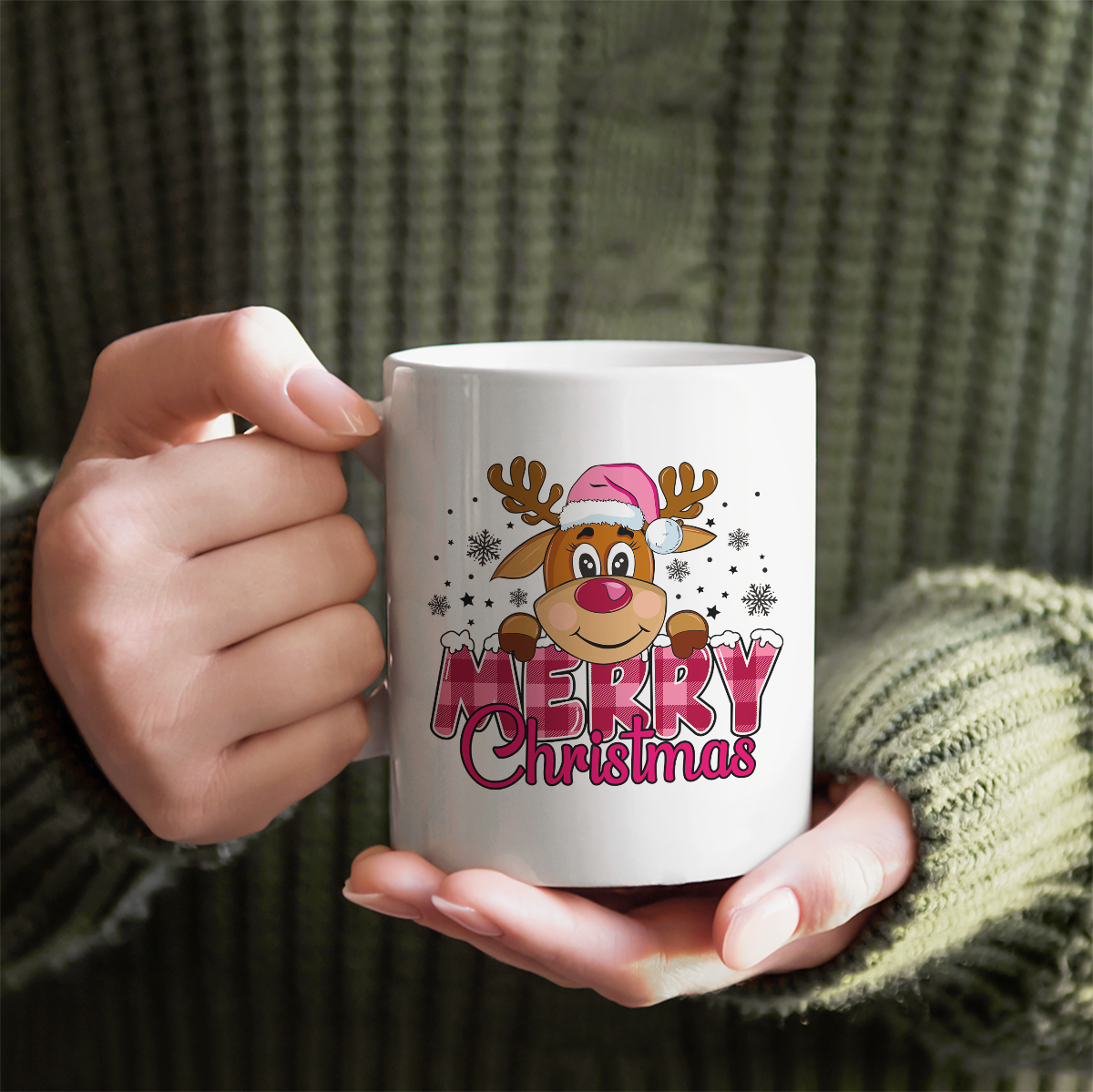 Pink Reindeer Christmas Gift Mug, 11oz Ceramic Mug Gift For Her