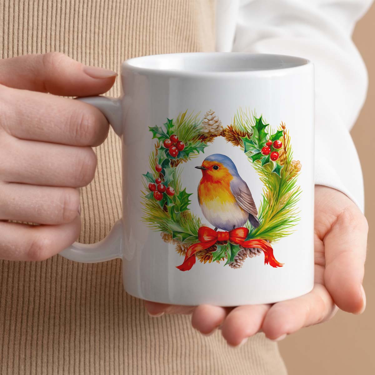 Christmas Gift Mug Featuring Classic Robin Design | 11oz Ceramic Cup