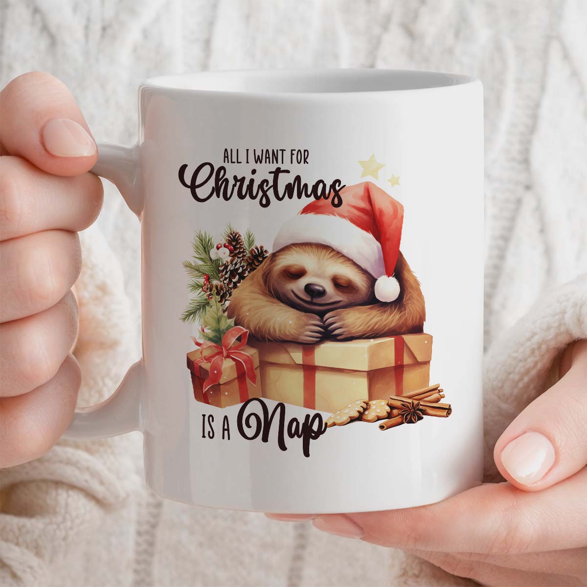 Sloth-Themed Christmas Mug | All I Want For Christmas Is a Nap | Ceramic 11oz Mug