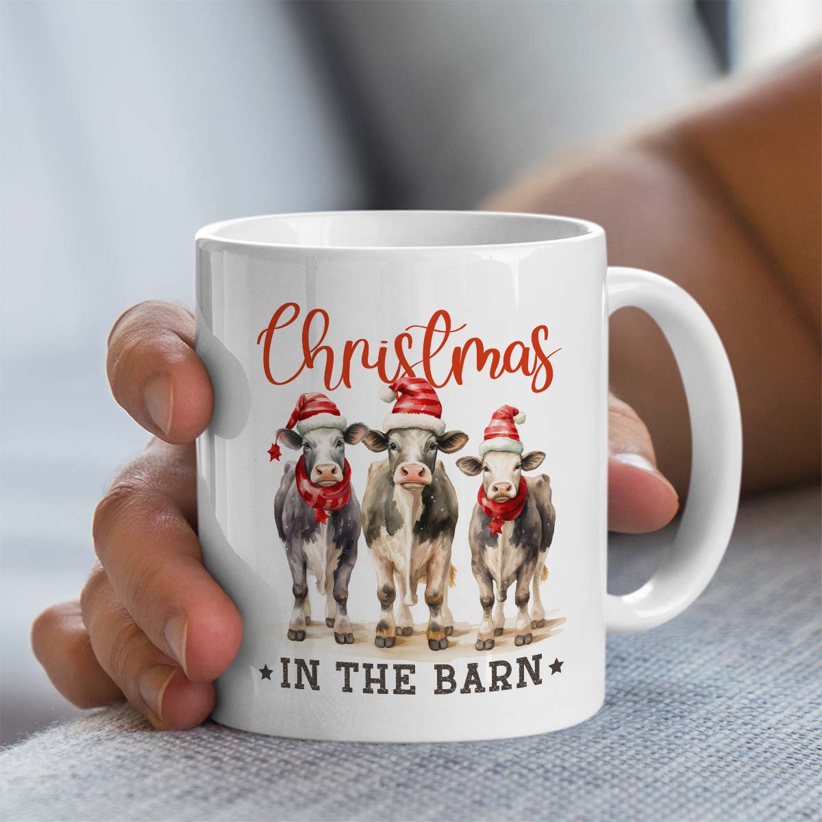 Christmas Farm Mug With Cute Christmas Cows In The Barn Design | 11oz Ceramic Mug