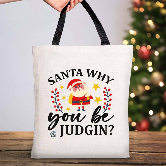 Christmas Tote Bag | Santa Why You Judging Design | Tote Bag with Short Black Handles – 37cm x 42cm