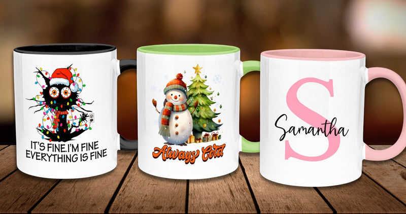 christmas mugs collection, mugs on the wooden table