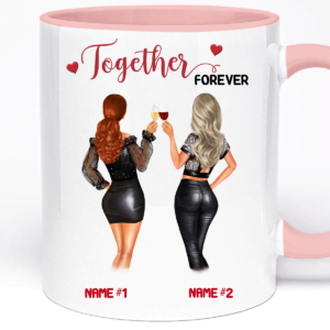 a pink and white coffee mug with two women holding wine glasses, Personalised Mug For Friend | Together Forever Custom 11oz Ceramic Cup