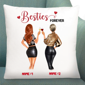 a pillow with two women holding wine glasses, Personalised Cushion For Friend | Besties Forever Custom Cushion 40x40 cm